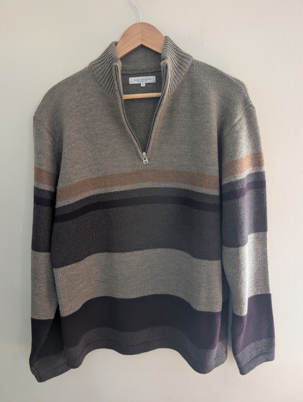Alex Cannon Merino Wool Brown Stripe Quarter-Zip Pullover Sweater Size L